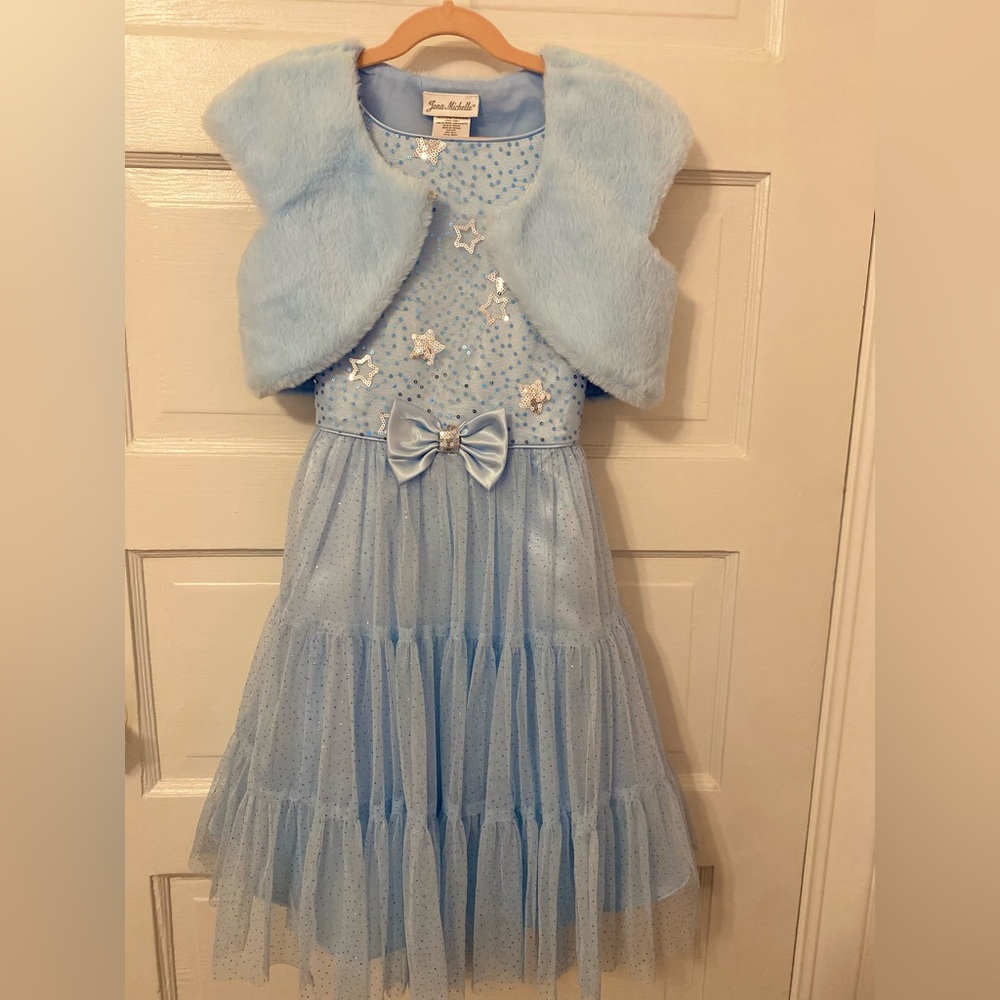 Light Blue Starry Dress with Faux Fur Vest
